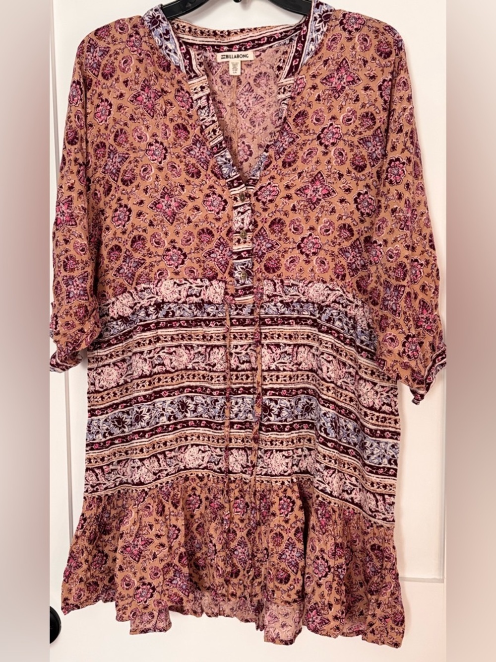 Billabong Boho Floral Dress  in Tan, Pink and Purple. Boho